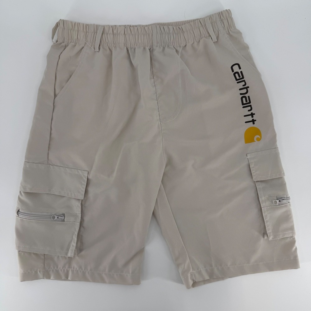 Carhartt Mens Cargo Shorts Tan Beige Elastic Waist Logo Polyester Size Large - Picture 1 of 10